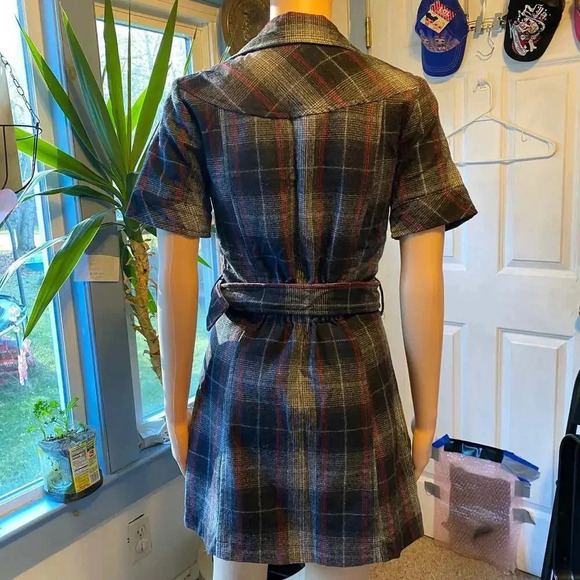Poetry Wool Blend Plaid Midi Jacket Dress S Pocket Belt Short sleeve 3 Button - Picture 2 of 6